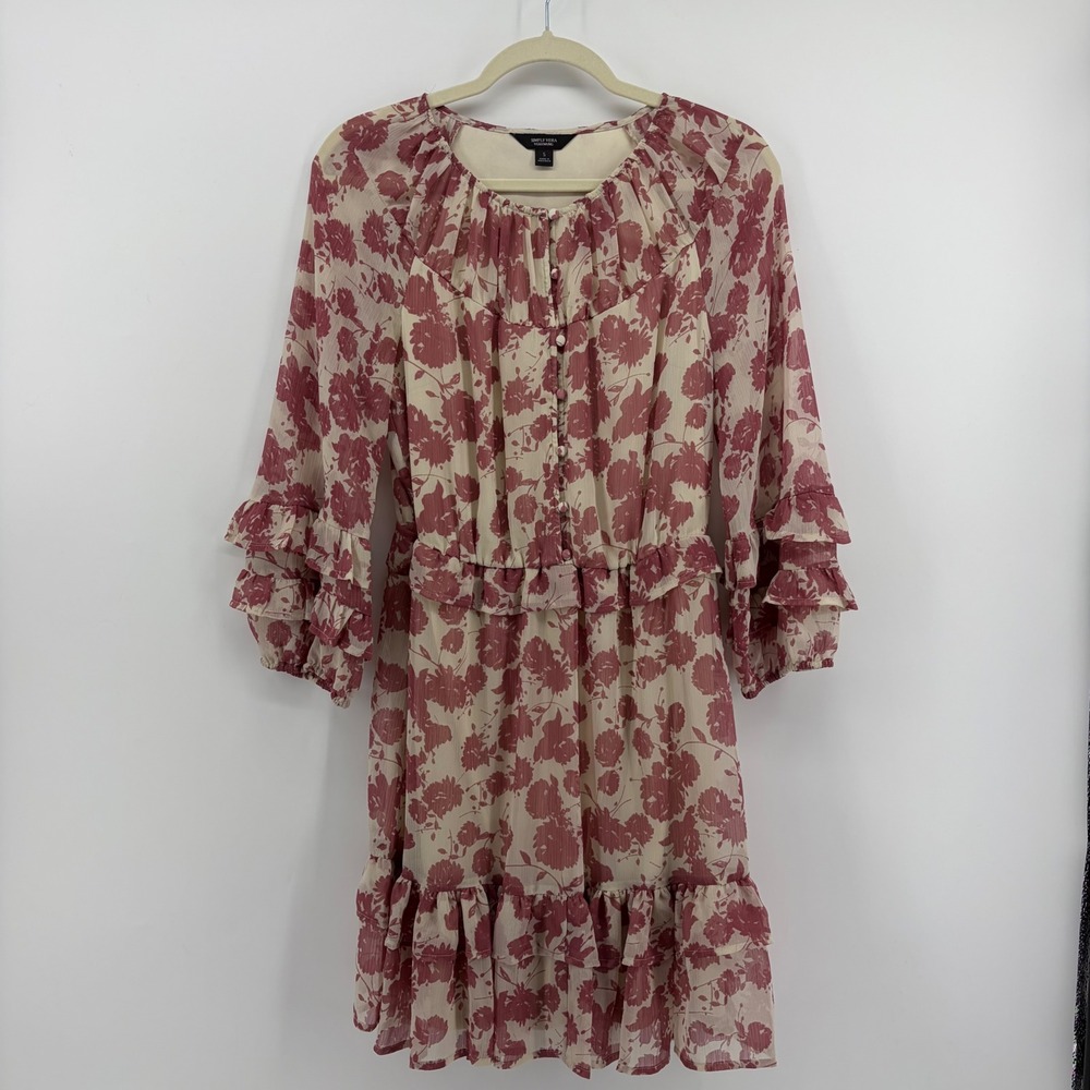 Simply Vera Vera Wang Floral Mini Dress Mauve Cream Womens Size S Ruffle Chiffon